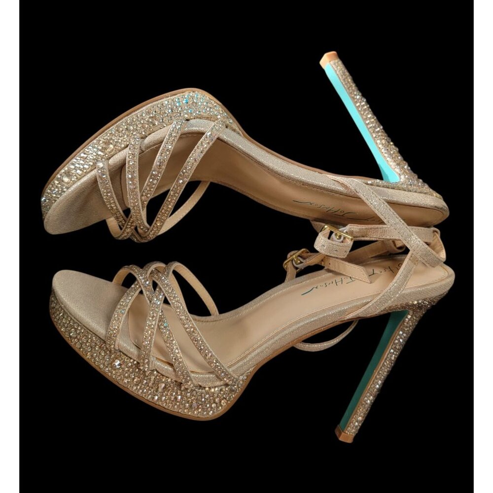 Betsey Johnson SB Adde Champagne Rhinestone Heel Sandals 9.5M Glass & Fabric - Picture 3 of 6